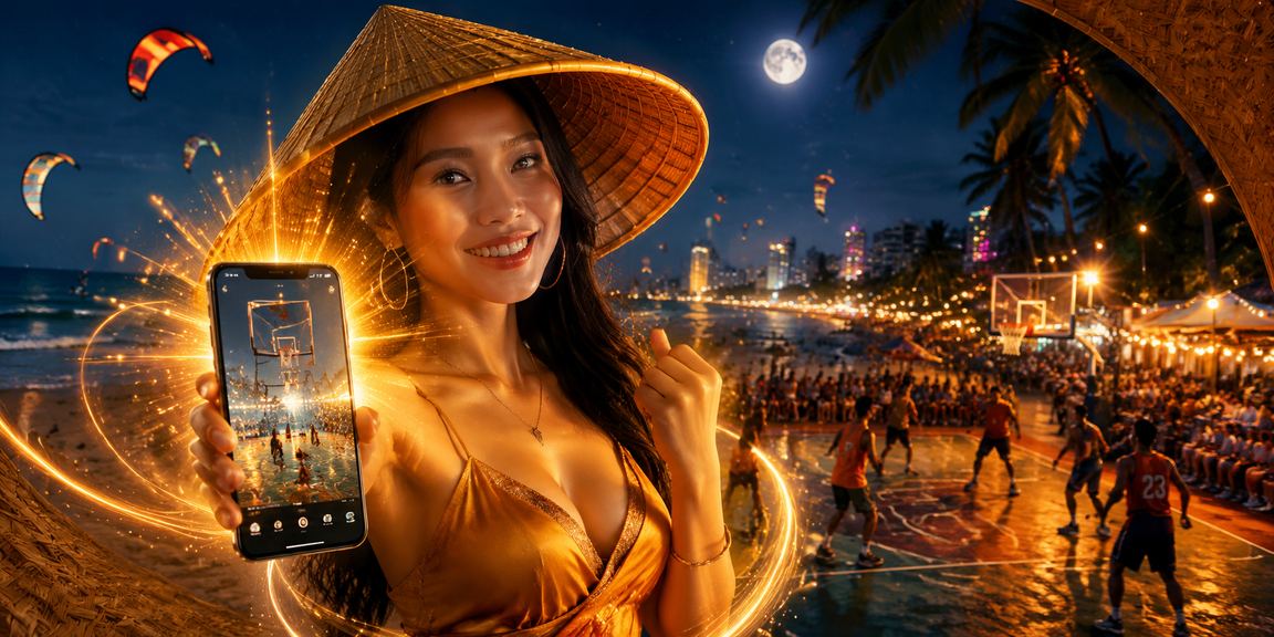 Cảnh cá cược bóng rổ tại Mũi Né với người đội nón lá truyền thống Việt Nam